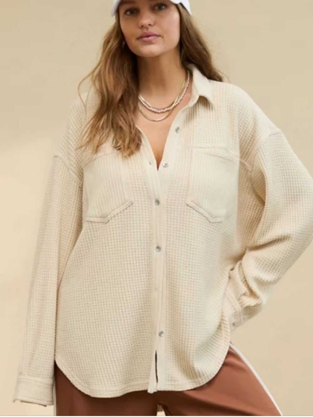 aerie Cream Waffle Button Down Shirt